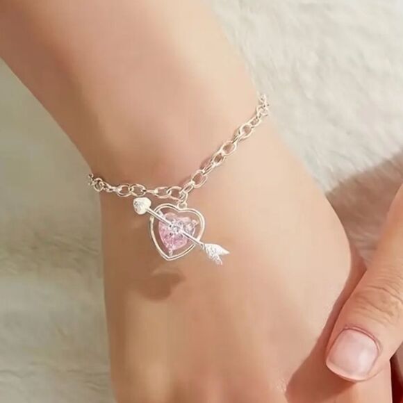 Jewelry - Silver Heart Arrow Bracelet with Pink Gemstone